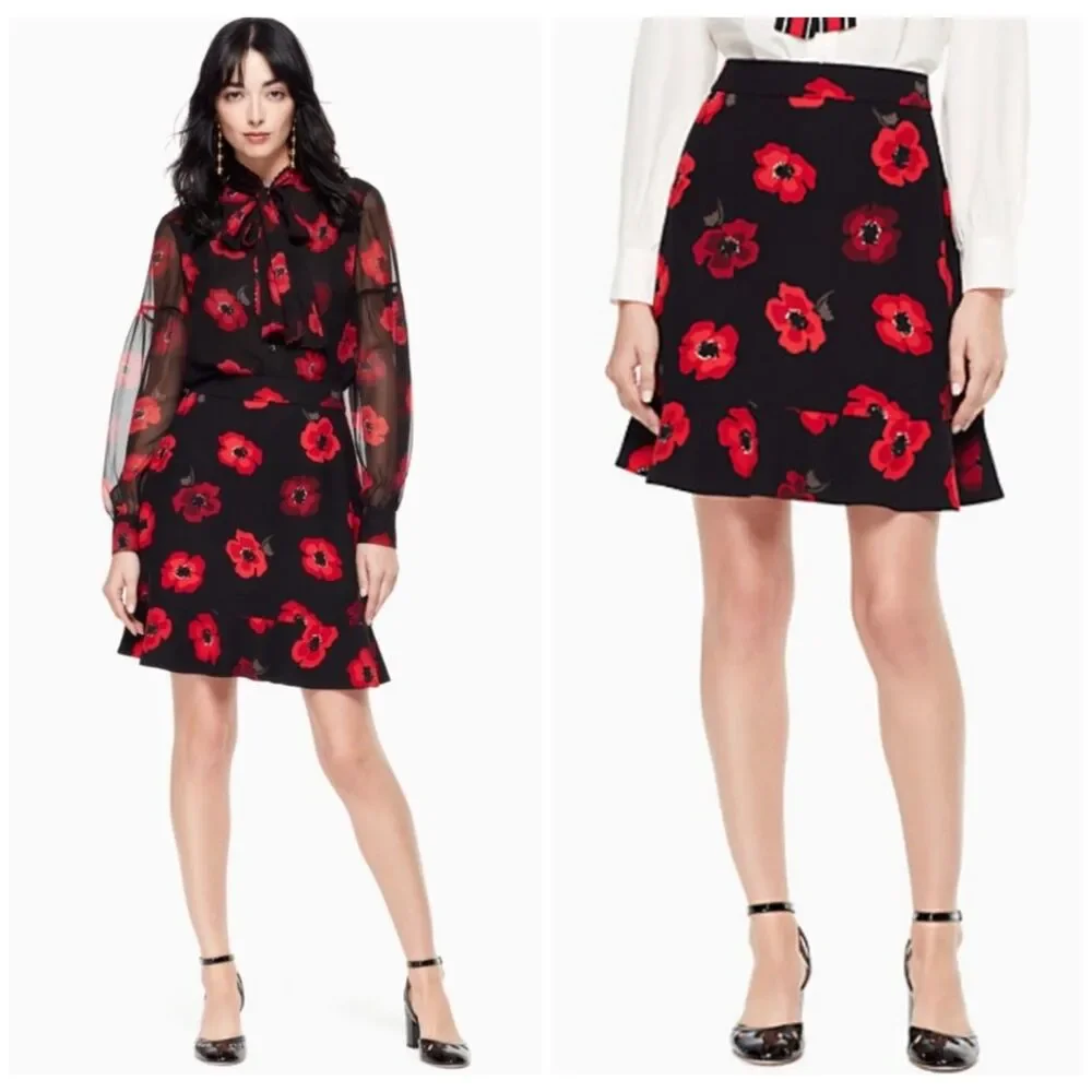 Kate Spade Poppy Ruffle Crepe Tiered Mini Skirt Black 0